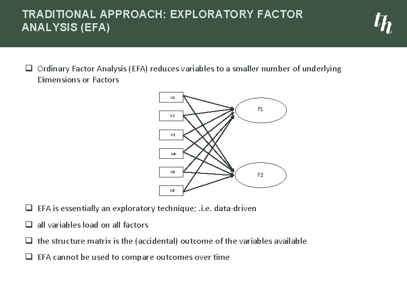 TRADITIONAL APPROACH: EXPLORATORY FACTOR ANALYSIS (EFA) q Ordinary Factor Analysis (EFA) reduces variables to