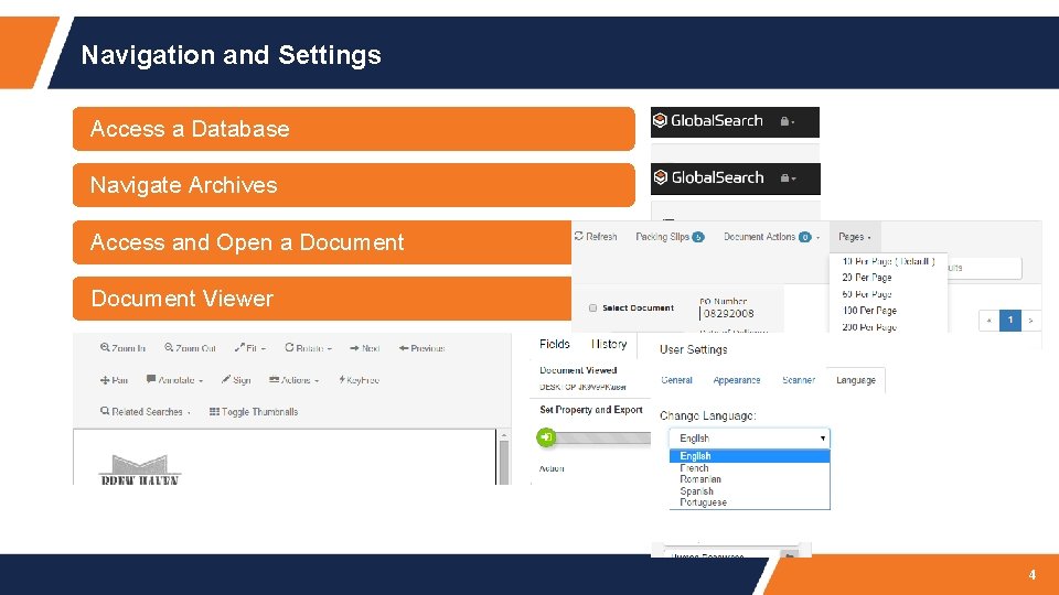 Navigation and Settings Access a Database Navigate Archives Access and Open a Document Viewer