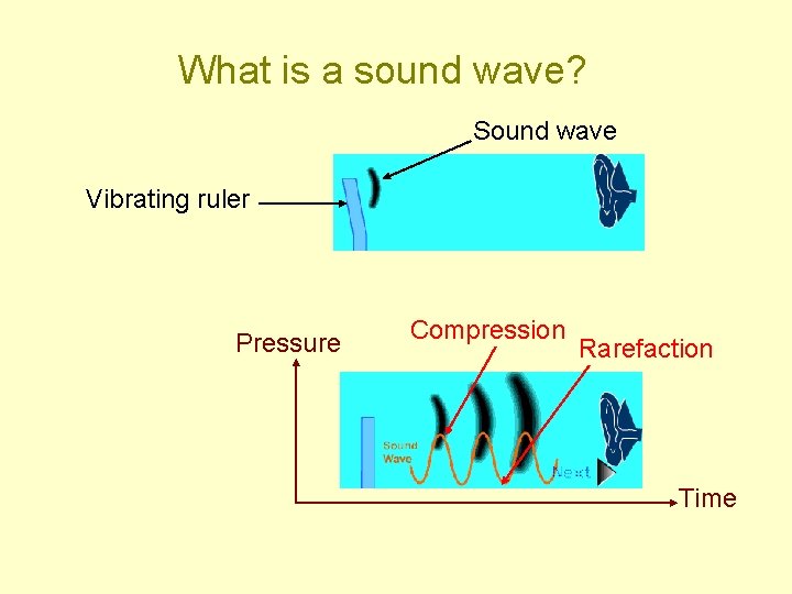 What is a sound wave? Sound wave Vibrating ruler Pressure Compression Rarefaction Time 