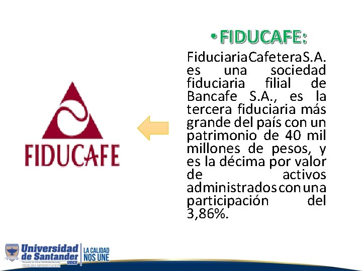  • FIDUCAFE: Fiduciaria Cafetera S. A. es una sociedad fiduciaria filial de Bancafe