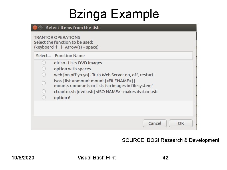 Bzinga Example SOURCE: BOSI Research & Development 10/6/2020 Visual Bash Flint 42 