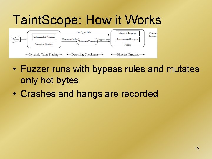 Taint. Scope: How it Works • Fuzzer runs with bypass rules and mutates only