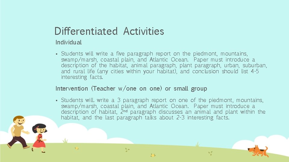 Differentiated Activities Individual § Students will write a five paragraph report on the piedmont,