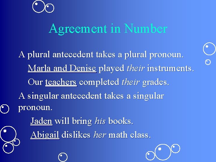 Agreement in Number A plural antecedent takes a plural pronoun. Marla and Denise played