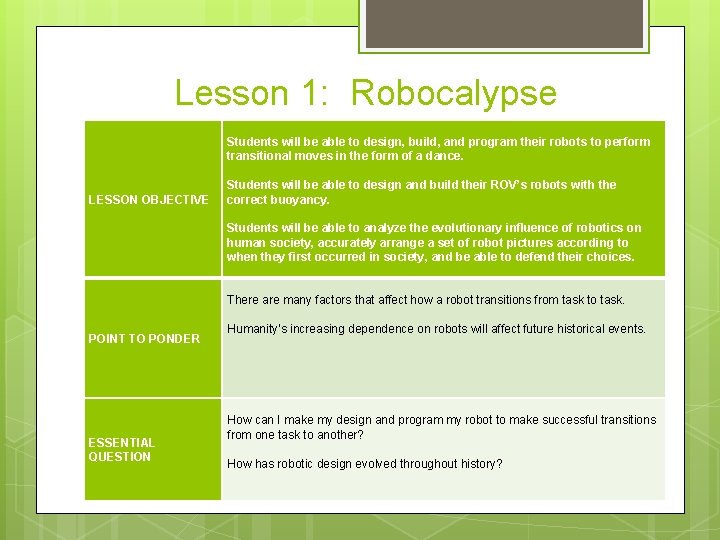 Lesson 1: Robocalypse Students will be able to design, build, and program their robots