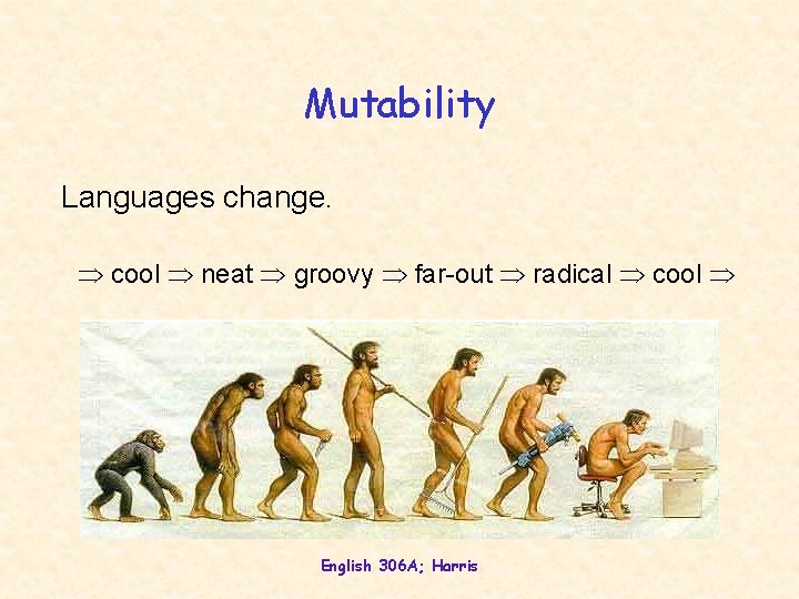 Mutability Languages change. cool neat groovy far-out radical cool English 306 A; Harris 