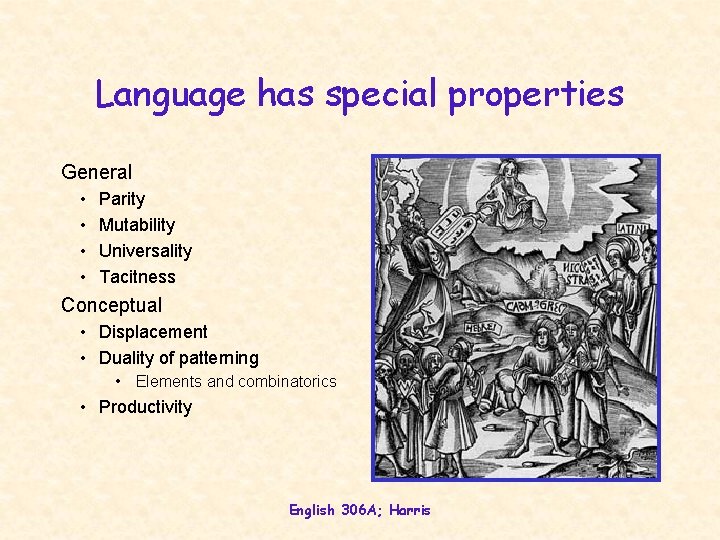 Language has special properties General • • Parity Mutability Universality Tacitness Conceptual • Displacement