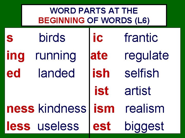 WORD PARTS AT THE BEGINNING OF WORDS (L 6) s birds ing running ed