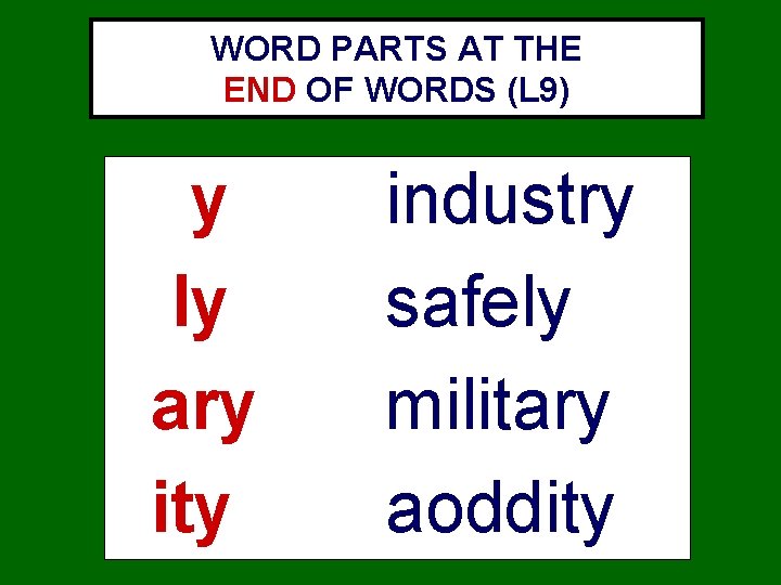 WORD PARTS AT THE END OF WORDS (L 9) y ly ary ity industry