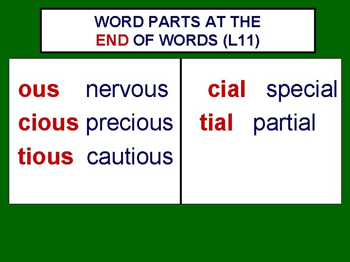 WORD PARTS AT THE END OF WORDS (L 11) ous nervous cious precious tious