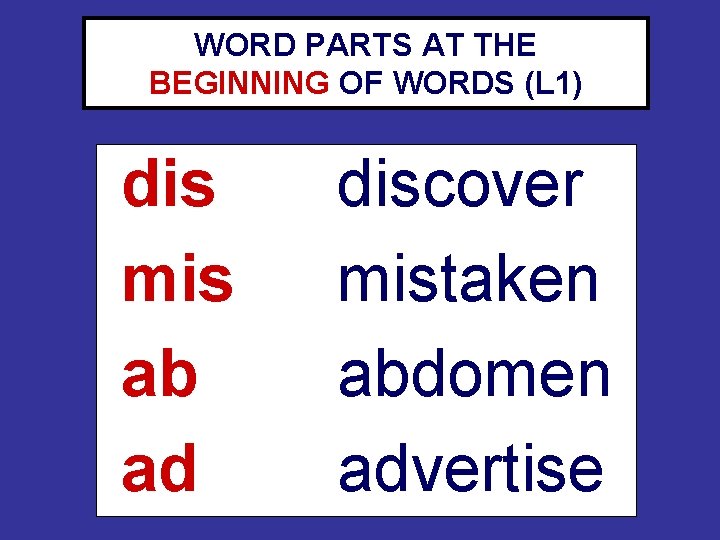 WORD PARTS AT THE BEGINNING OF WORDS (L 1) dis mis ab ad discover