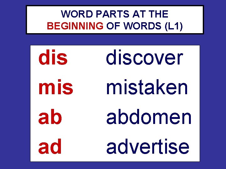 WORD PARTS AT THE BEGINNING OF WORDS (L 1) dis mis ab ad discover WORD PARTS AT THE BEGINNING OF WORDS (L 1) dis mis ab ad discover