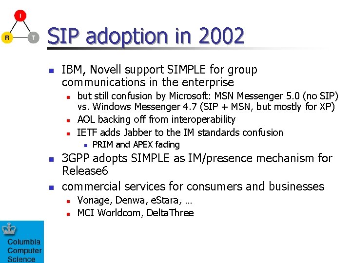 SIP adoption in 2002 n IBM, Novell support SIMPLE for group communications in the