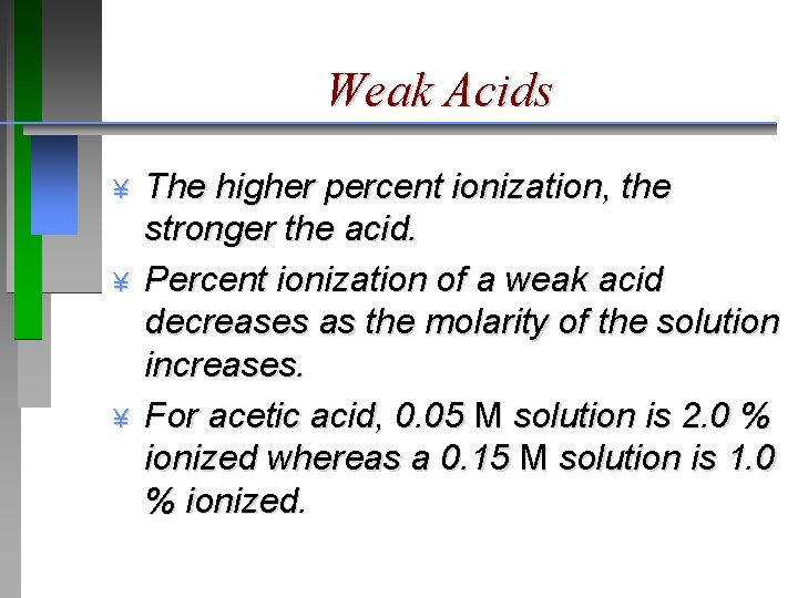 Weak Acids ¥ ¥ ¥ The higher percent ionization, the stronger the acid. Percent