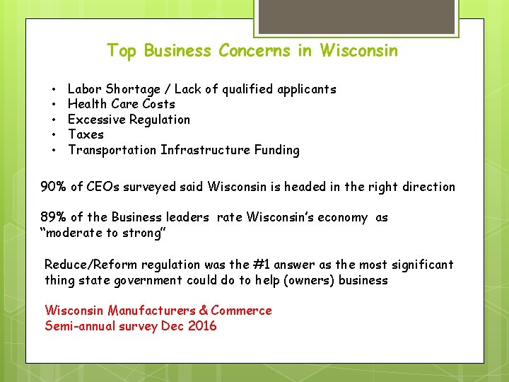 Top Business Concerns in Wisconsin • • • Labor Shortage / Lack of qualified
