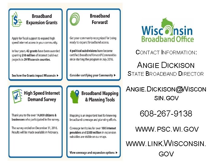 CONTACT INFORMATION: ANGIE DICKISON STATE BROADBAND DIRECTOR ANGIE. DICKISON@WISCON SIN. GOV 608 -267 -9138