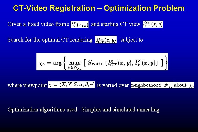 CT-Video Registration – Optimization Problem Given a fixed video frame and starting CT view