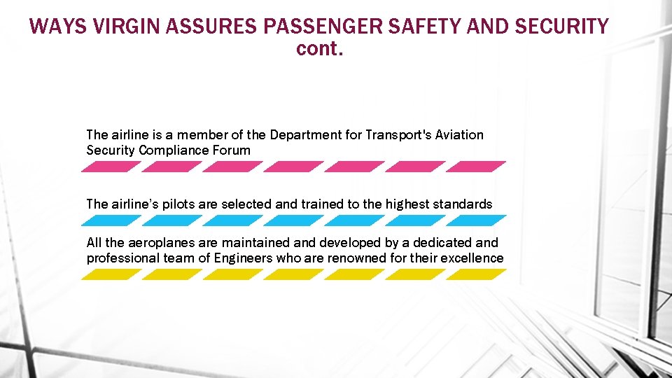 WAYS VIRGIN ASSURES PASSENGER SAFETY AND SECURITY cont. The airline is a member of