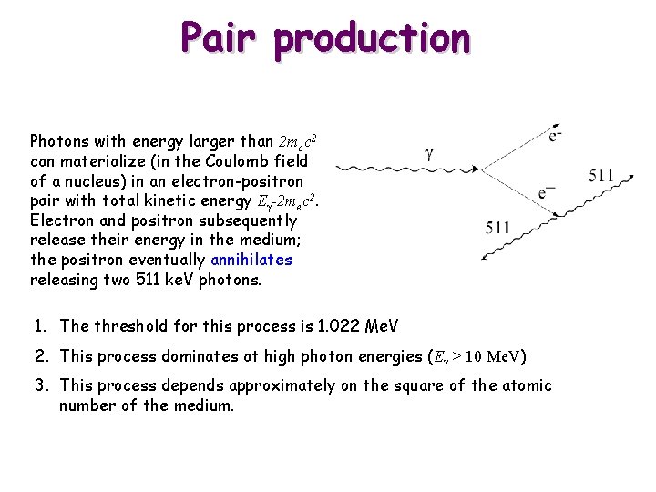 Pair production Photons with energy larger than 2 mec 2 can materialize (in the