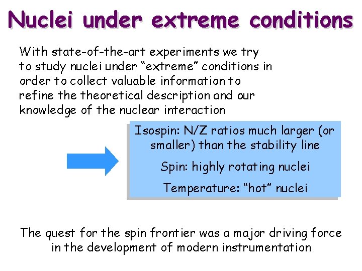 Nuclei under extreme conditions With state-of-the-art experiments we try to study nuclei under “extreme”