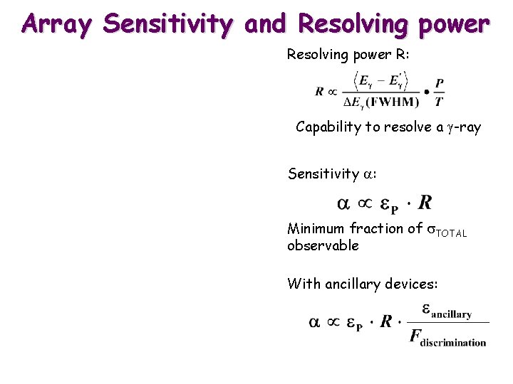 Array Sensitivity and Resolving power R: Capability to resolve a g-ray Sensitivity a: Minimum