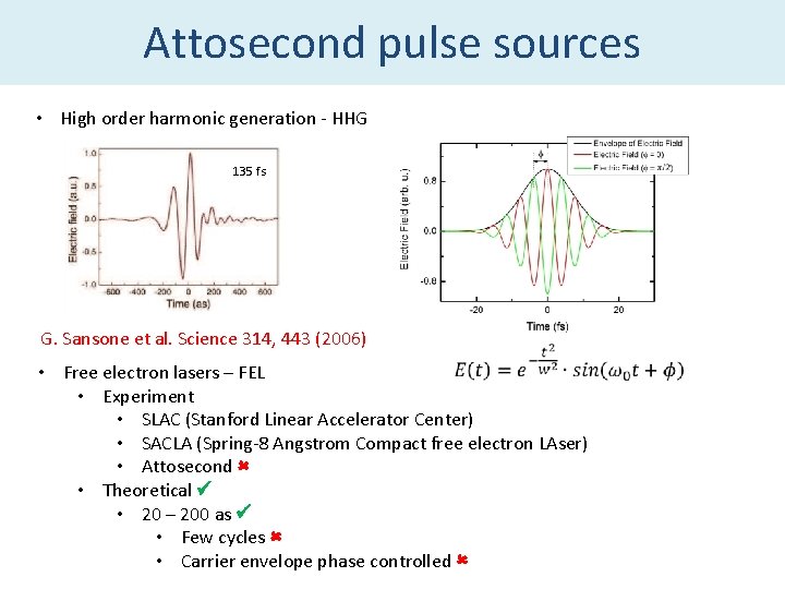 Attosecond pulse sources • High order harmonic generation - HHG 135 fs G. Sansone