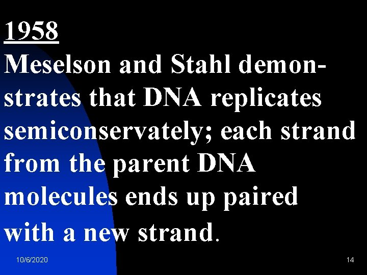 1958 Meselson and Stahl demonstrates that DNA replicates semiconservately; each strand from the parent