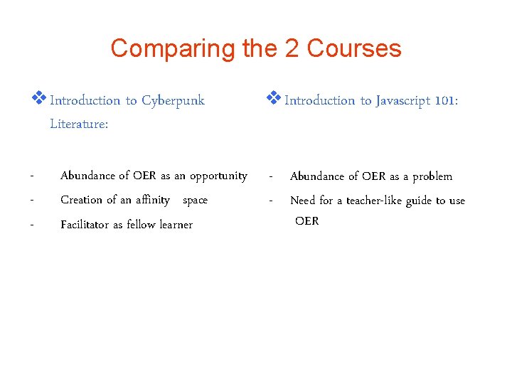 Comparing the 2 Courses v Introduction to Cyberpunk Literature: v Introduction to Javascript 101: