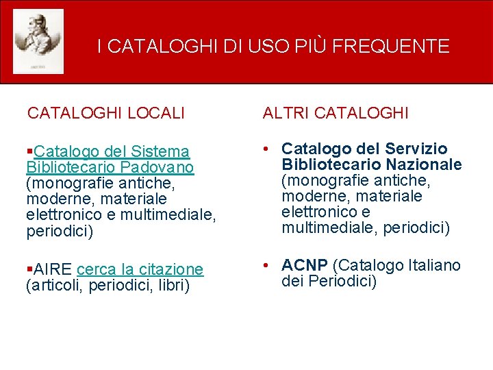 I CATALOGHI DI USO PIÙ FREQUENTE CATALOGHI LOCALI ALTRI CATALOGHI §Catalogo del Sistema Bibliotecario