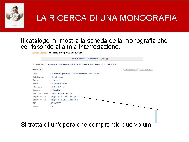 LA RICERCA DI UNA MONOGRAFIA Il catalogo mi mostra la scheda della monografia che