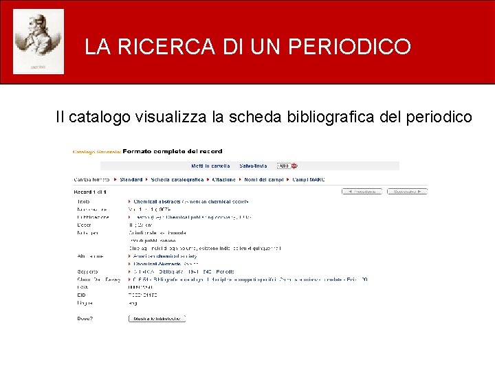 LA RICERCA DI UN PERIODICO Il catalogo visualizza la scheda bibliografica del periodico 