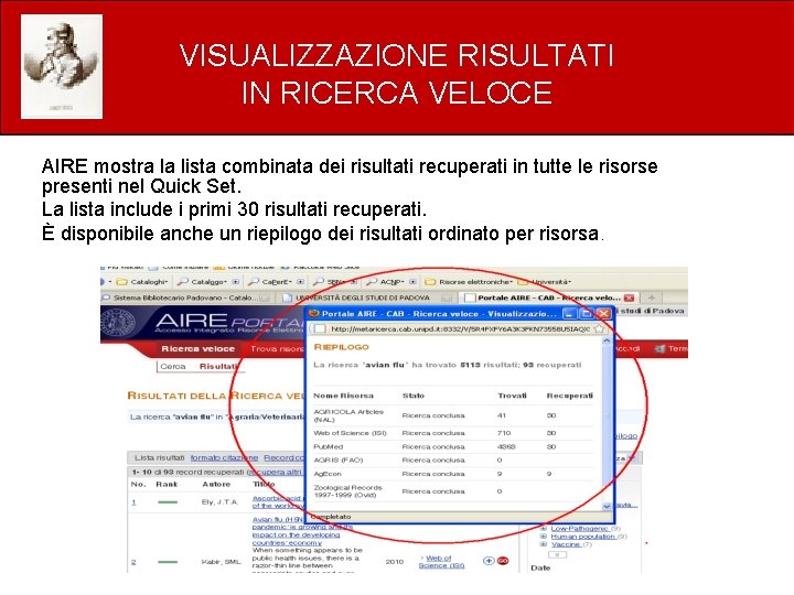 VISUALIZZAZIONE RISULTATI IN RICERCA VELOCE AIRE mostra la lista combinata dei risultati recuperati in