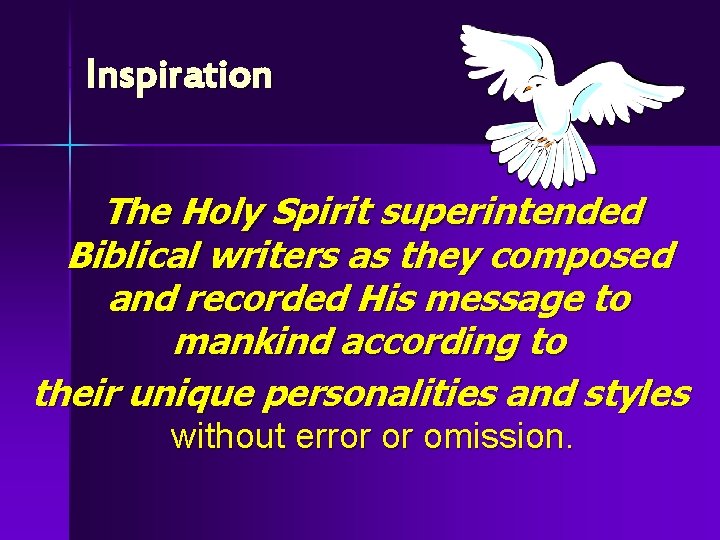 Inspiration The Holy Spirit superintended Biblical writers as they composed and recorded His message