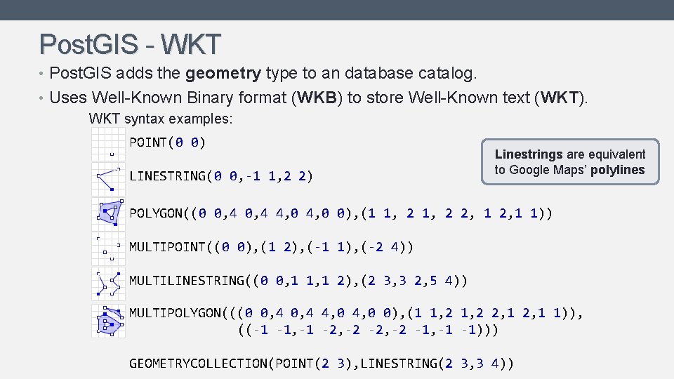 Post. GIS - WKT • Post. GIS adds the geometry type to an database Post. GIS - WKT • Post. GIS adds the geometry type to an database