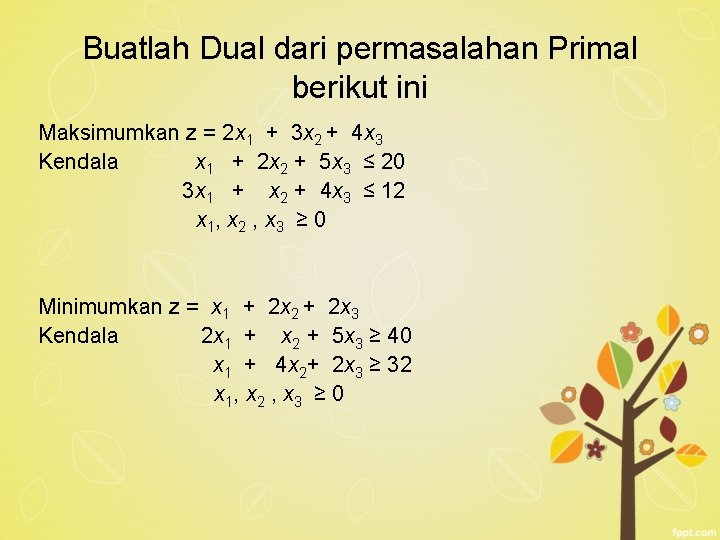 Buatlah Dual dari permasalahan Primal berikut ini Maksimumkan z = 2 x 1 +