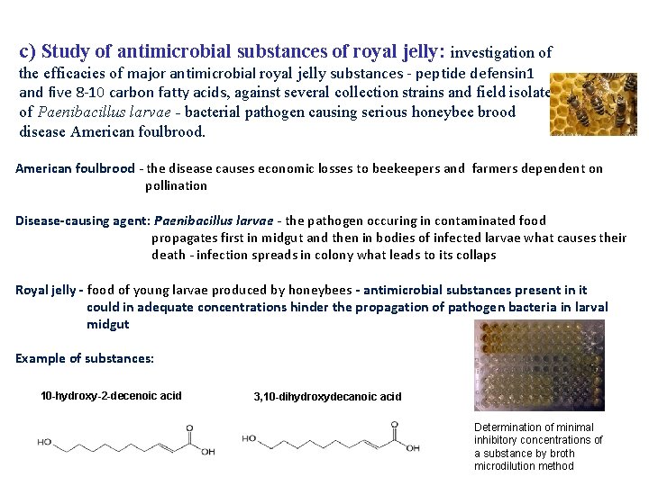 c) Study of antimicrobial substances of royal jelly: investigation of the efficacies of major
