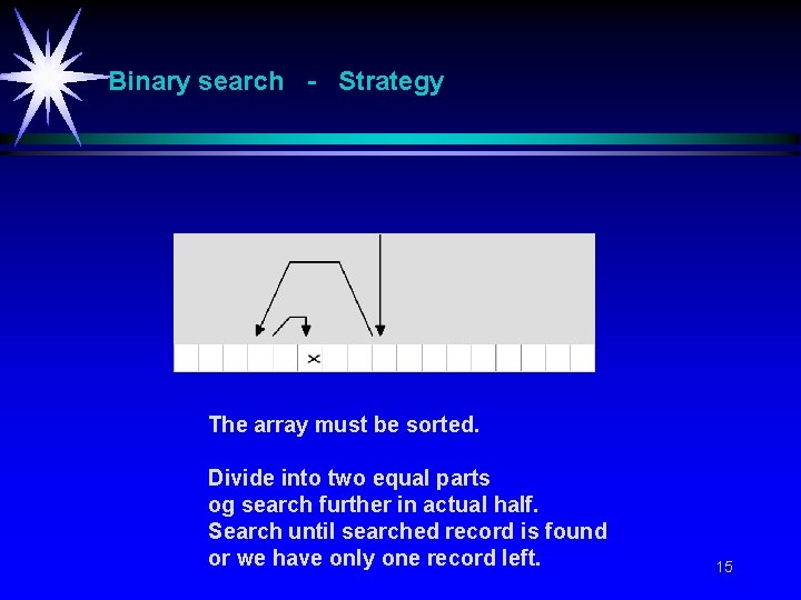 Binary search - Strategy The array must be sorted. Divide into two equal parts