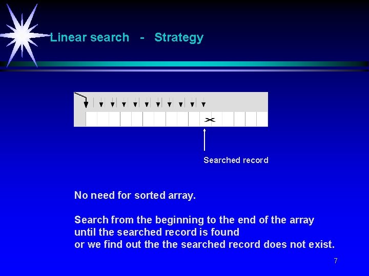 Linear search - Strategy Searched record No need for sorted array. Search from the