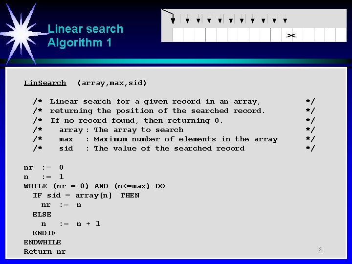 Linear search Algorithm 1 Lin. Search /* /* /* (array, max, sid) Linear search