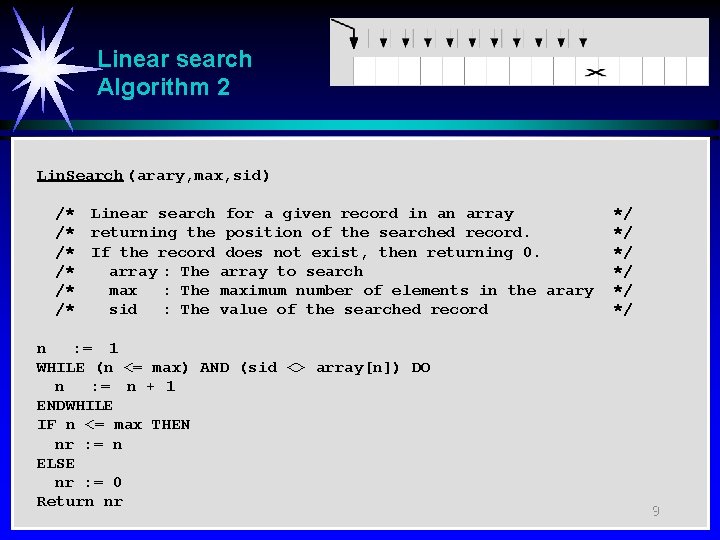 Linear search Algorithm 2 Lin. Search (arary, max, sid) /* /* /* Linear search