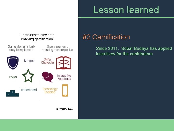 Lesson learned Game-based elements enabling gamification #2 Gamification Since 2011, Sobat Budaya has applied