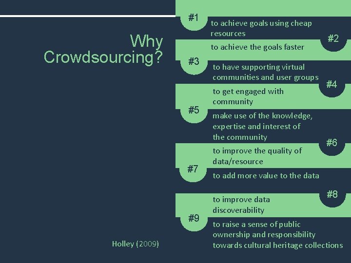 #1 Why Crowdsourcing? to achieve the goals faster #3 #5 #7 #9 Holley (2009)