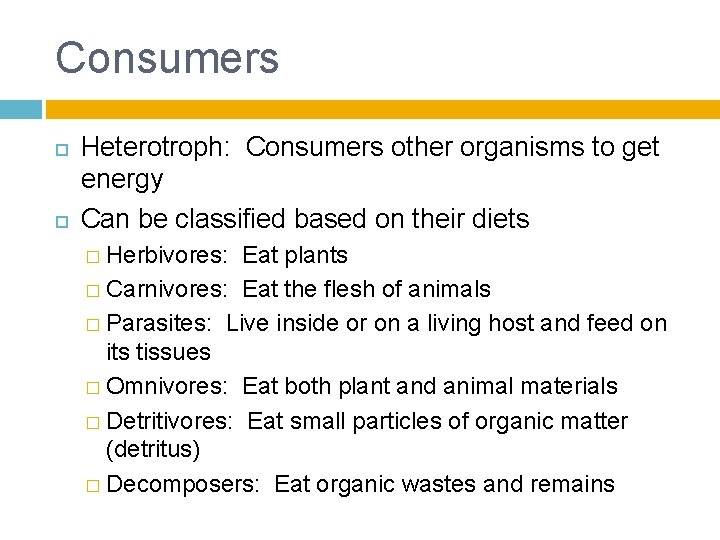 Consumers Heterotroph: Consumers other organisms to get energy Can be classified based on their