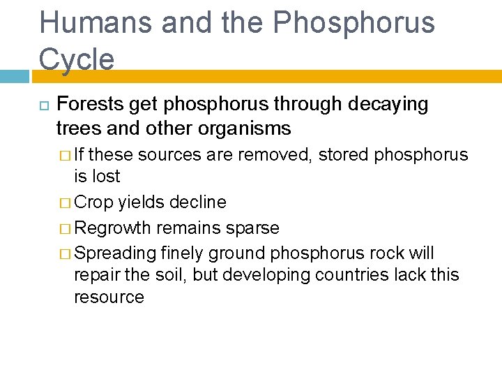 Humans and the Phosphorus Cycle Forests get phosphorus through decaying trees and other organisms
