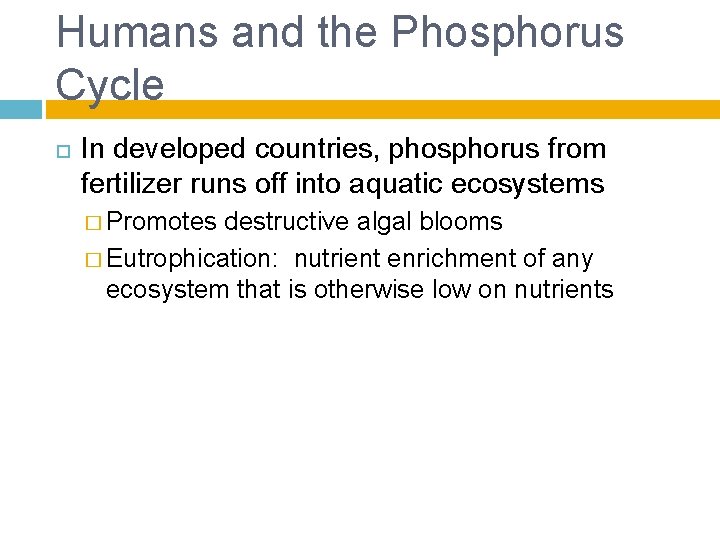 Humans and the Phosphorus Cycle In developed countries, phosphorus from fertilizer runs off into