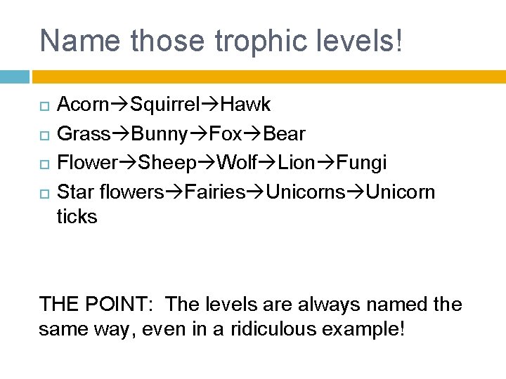 Name those trophic levels! Acorn Squirrel Hawk Grass Bunny Fox Bear Flower Sheep Wolf