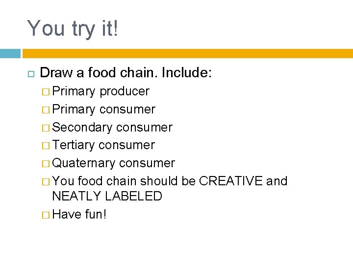 You try it! Draw a food chain. Include: � Primary producer � Primary consumer
