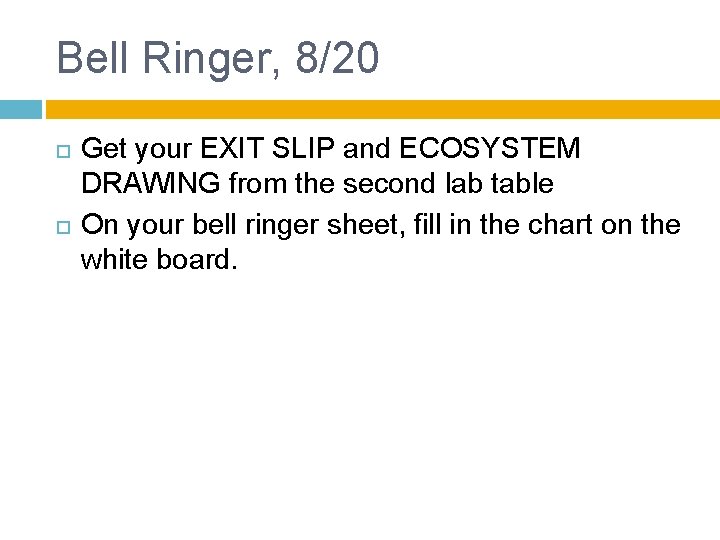Bell Ringer, 8/20 Get your EXIT SLIP and ECOSYSTEM DRAWING from the second lab