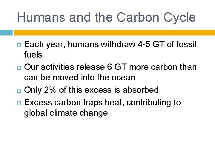 Humans and the Carbon Cycle Each year, humans withdraw 4 -5 GT of fossil