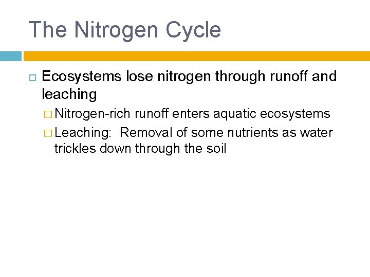 The Nitrogen Cycle Ecosystems lose nitrogen through runoff and leaching � Nitrogen-rich runoff enters